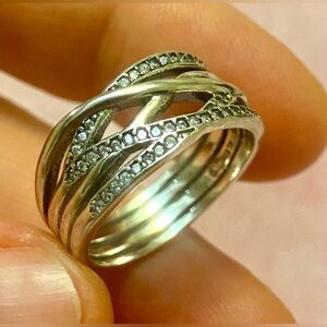 925 Silver Women's Pandora Ring with Crystal Accents . Size 9